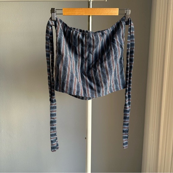 Aus Brand Morrisday The Label Linen Stripes Tie Straps Off Shoulder Top in Navy - Picture 5 of 9